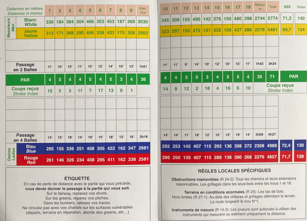 carte de score golf de domont parours les châtaigniers