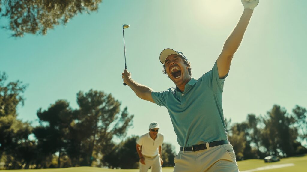 joie golfeur reÌalisant un eagle