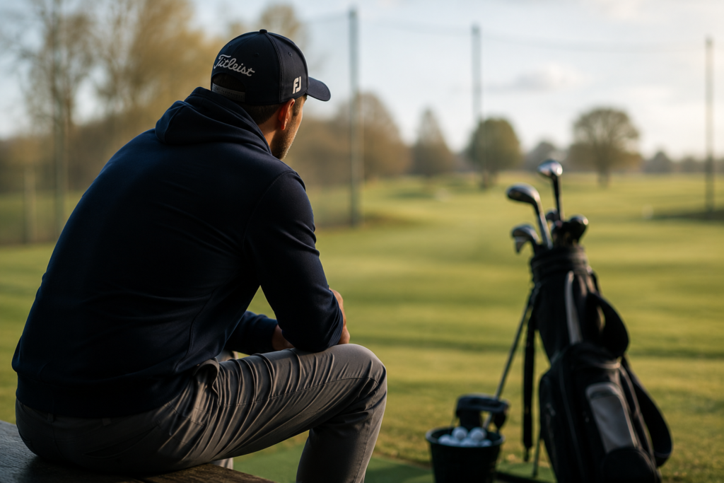Golfeur en pleine réflexion au practice